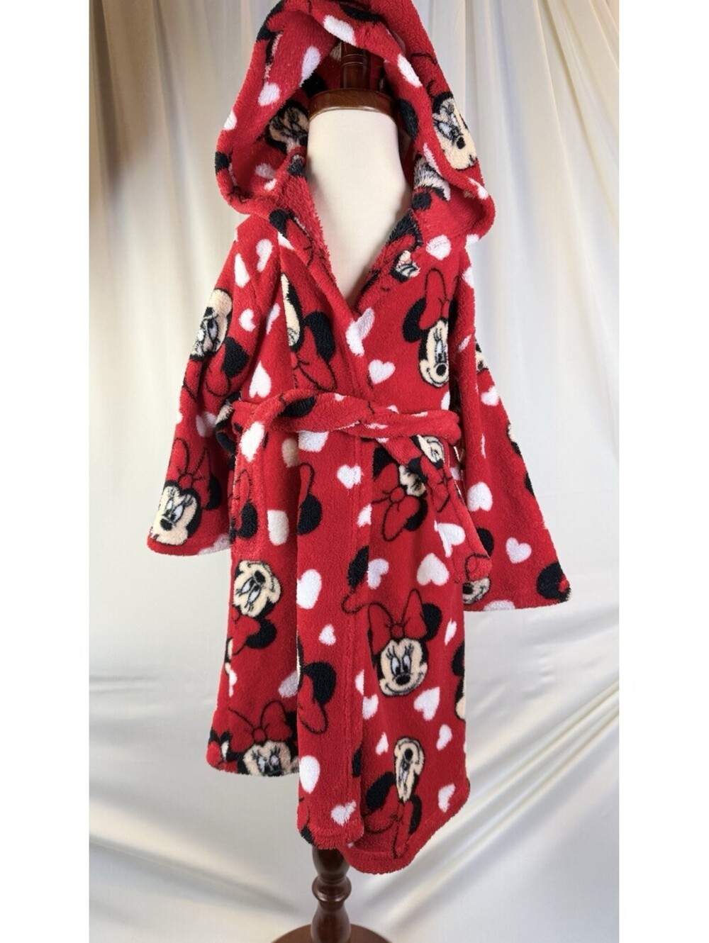 Disney Minnie Mouse Girl's Red Fleece Hooded Bathrobe Size XS (4) Girls